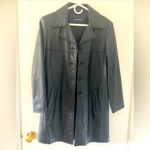 Vintage Small Women’s Black Leather Dockers Button Up Pea Coat Mid length